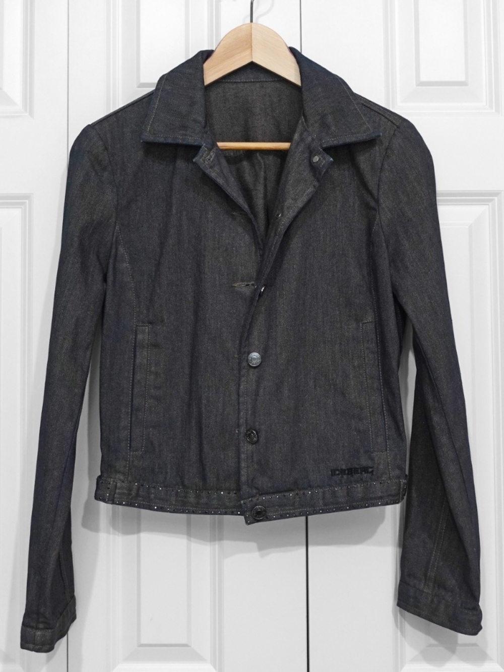 Iceberg Jeans Denim Jacket Vintage Gray Brown Women's Small 42 w Rhinestones